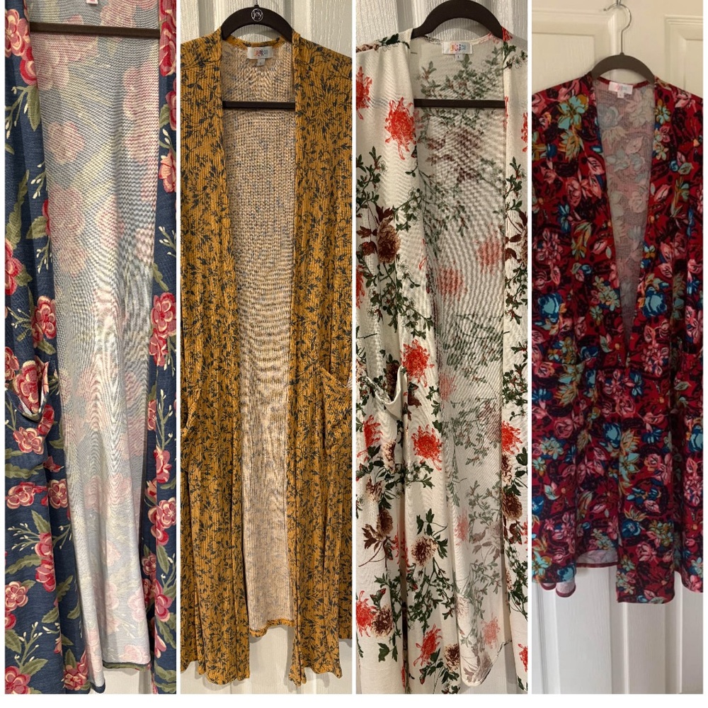 4 Lularoe Sarah cardigan 
Women’s sz L and XL